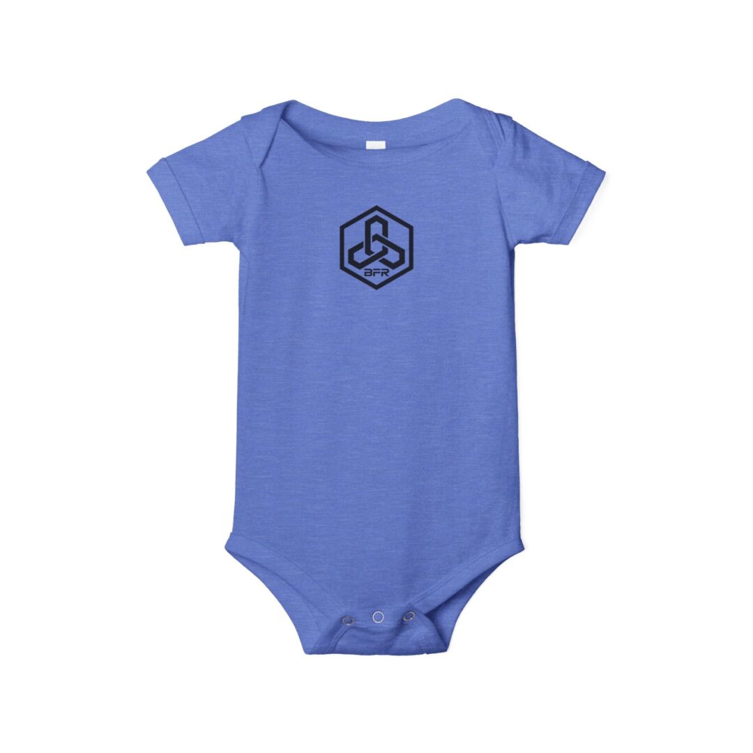 Blue baby onesie with hexagon logo.