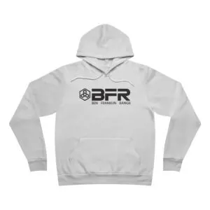 White hoodie with BFR logo design.