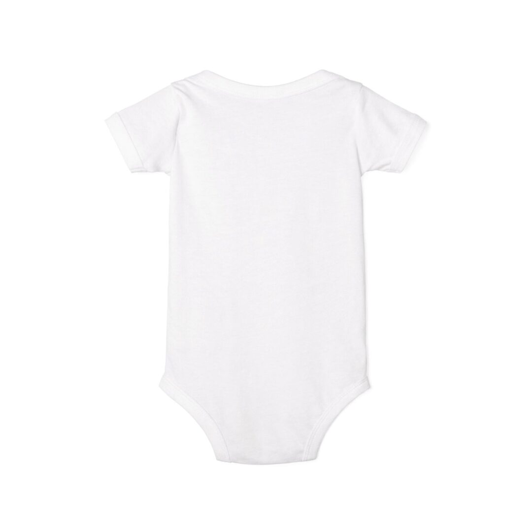 White baby onesie viewed from back.