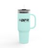 Mint travel mug with handle and straw.