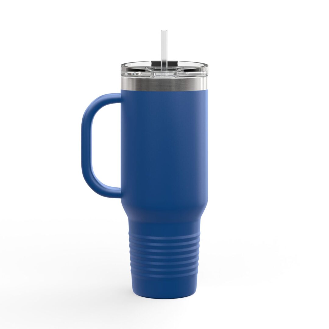 Blue insulated tumbler with handle and straw.