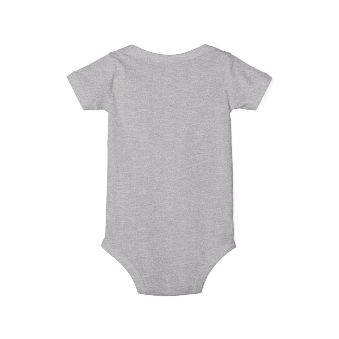 Gray baby onesie, back view.