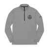 Gray quarter-zip pullover with logo design.