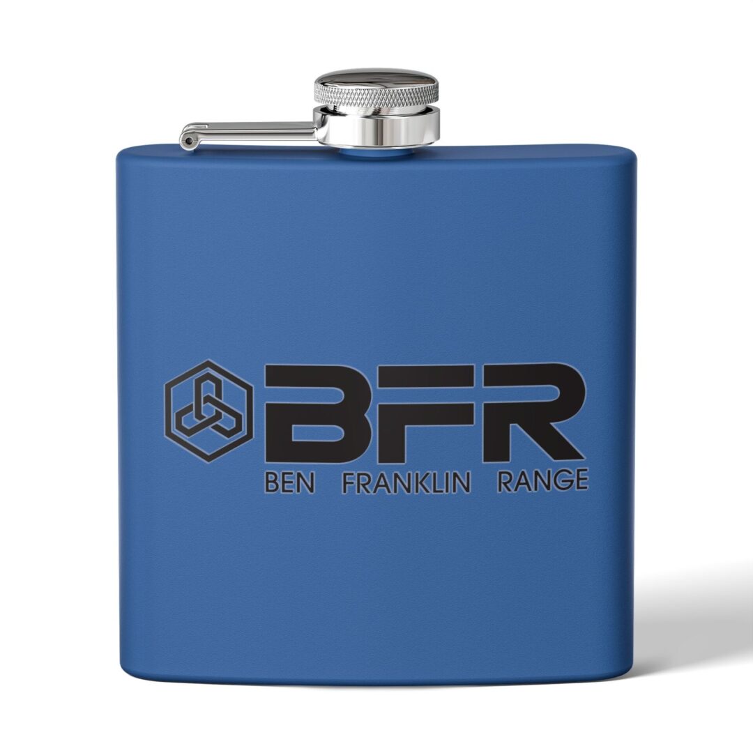 Blue flask with "BFR" logo on front.