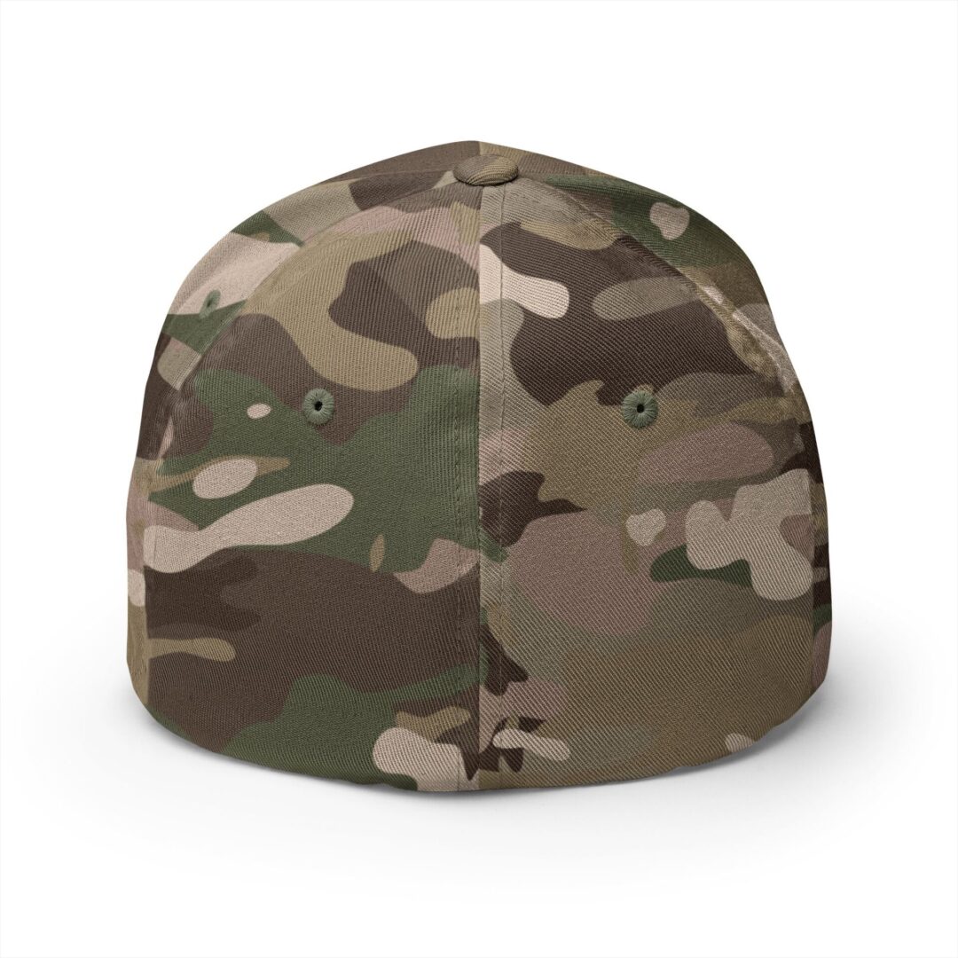 Camouflage baseball cap viewed from rear.