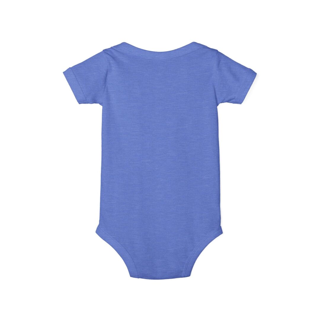Blue baby onesie, back view.