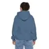 Person wearing blue hoodie and jeans, back view.