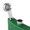 Green hip flask with open metal cap.