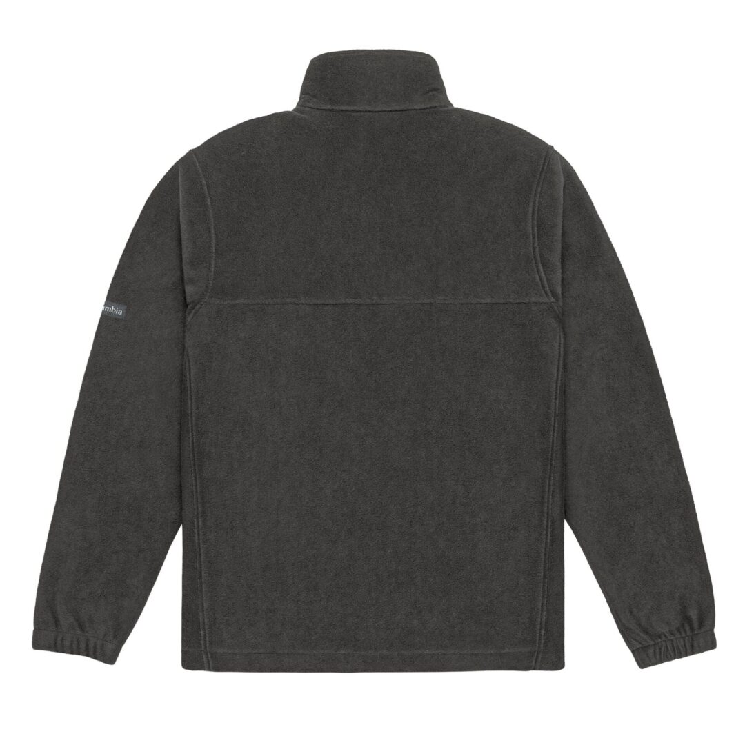 Black fleece jacket, back view, plain design.