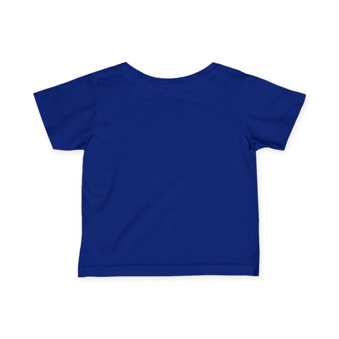 Blue short-sleeve t-shirt, back view.