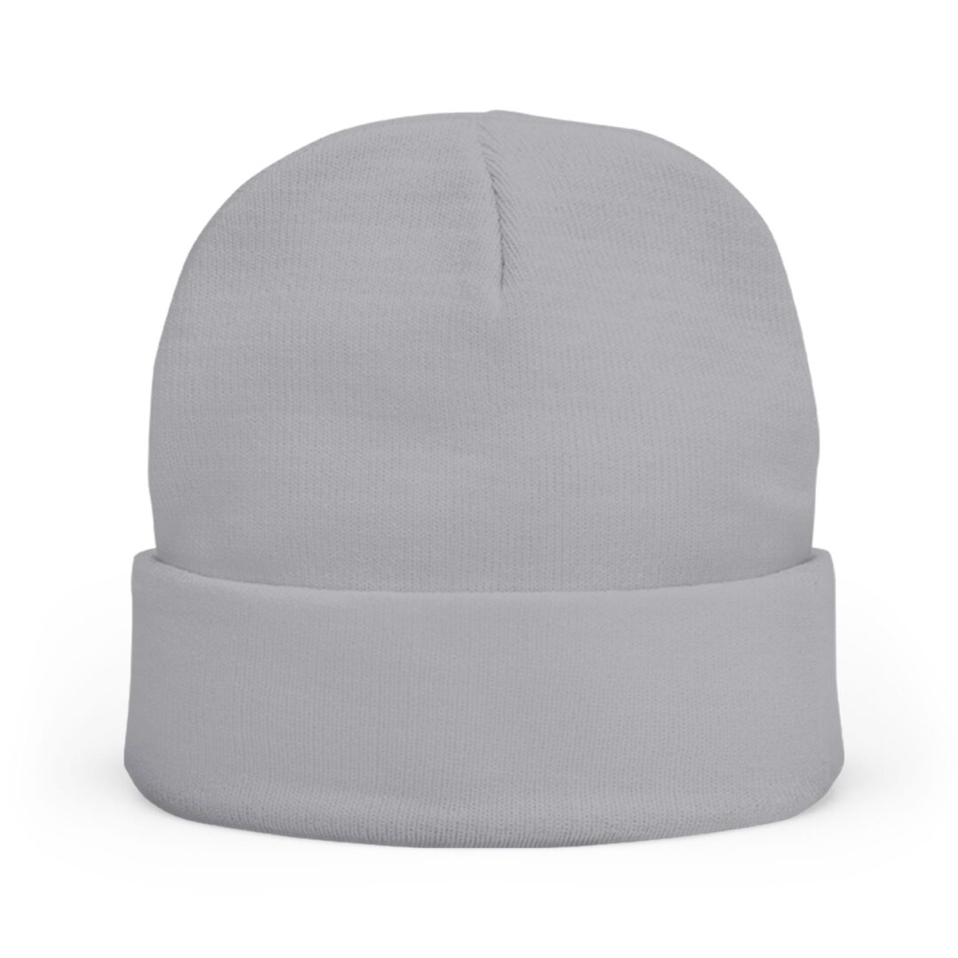Gray beanie hat with folded brim.