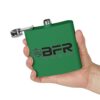 Hand holding green flask with BFR logo.