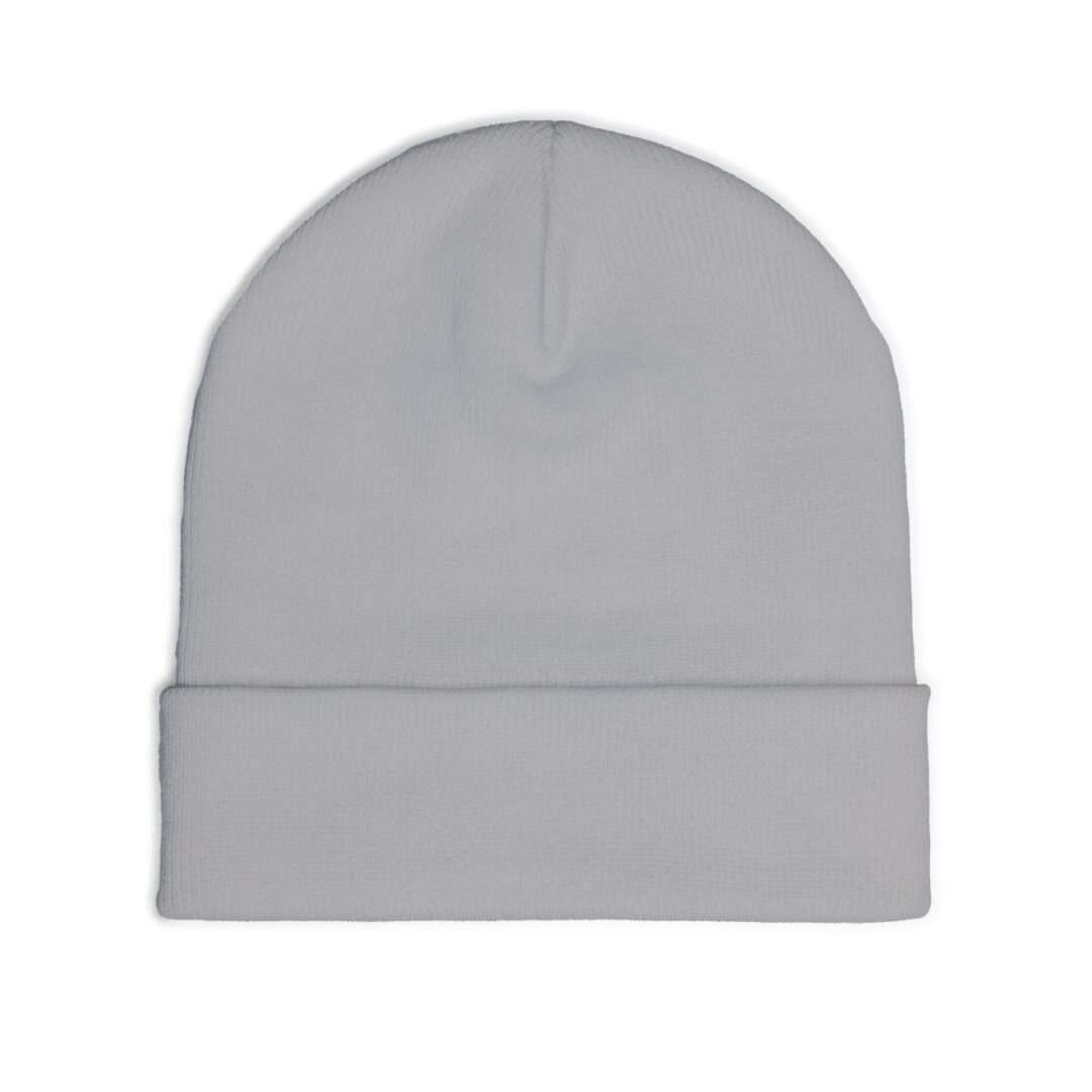 Plain white knit beanie hat.