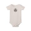 Baby onesie with a hexagonal logo.