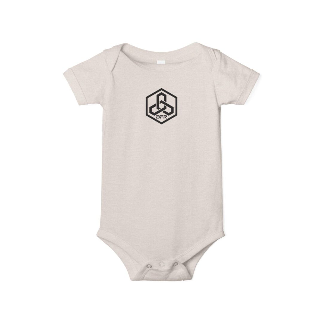 Baby onesie with a hexagonal logo.