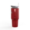 Red insulated tumbler with clear lid.