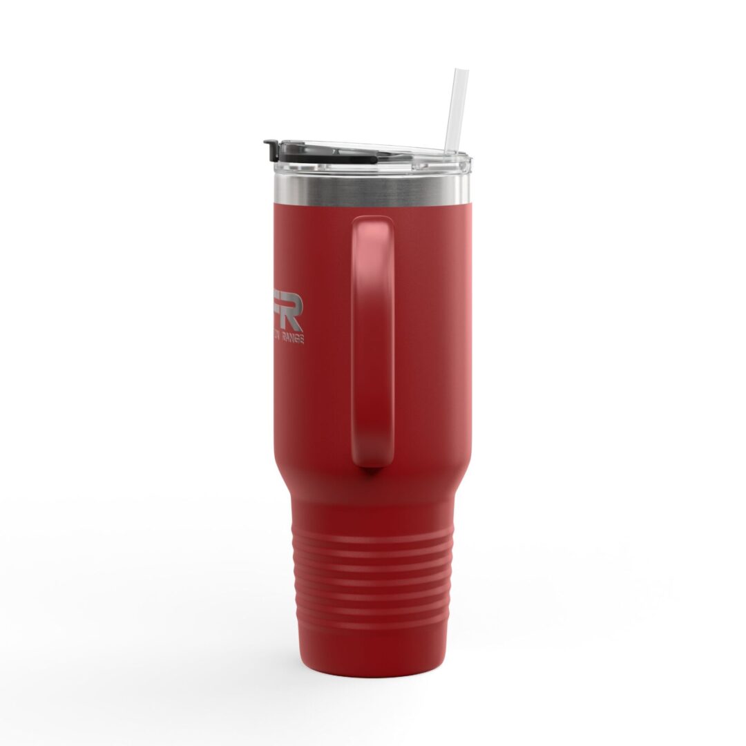 Red insulated tumbler with clear lid.