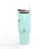 Light blue travel mug with straw lid.