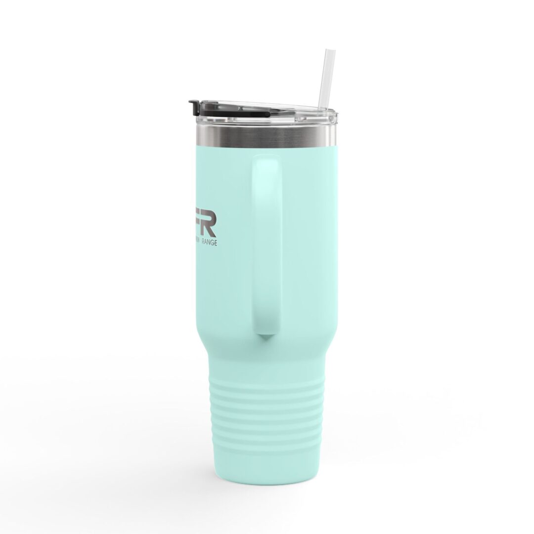Light blue travel mug with straw lid.