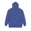 Blue hoodie back view with hood up.