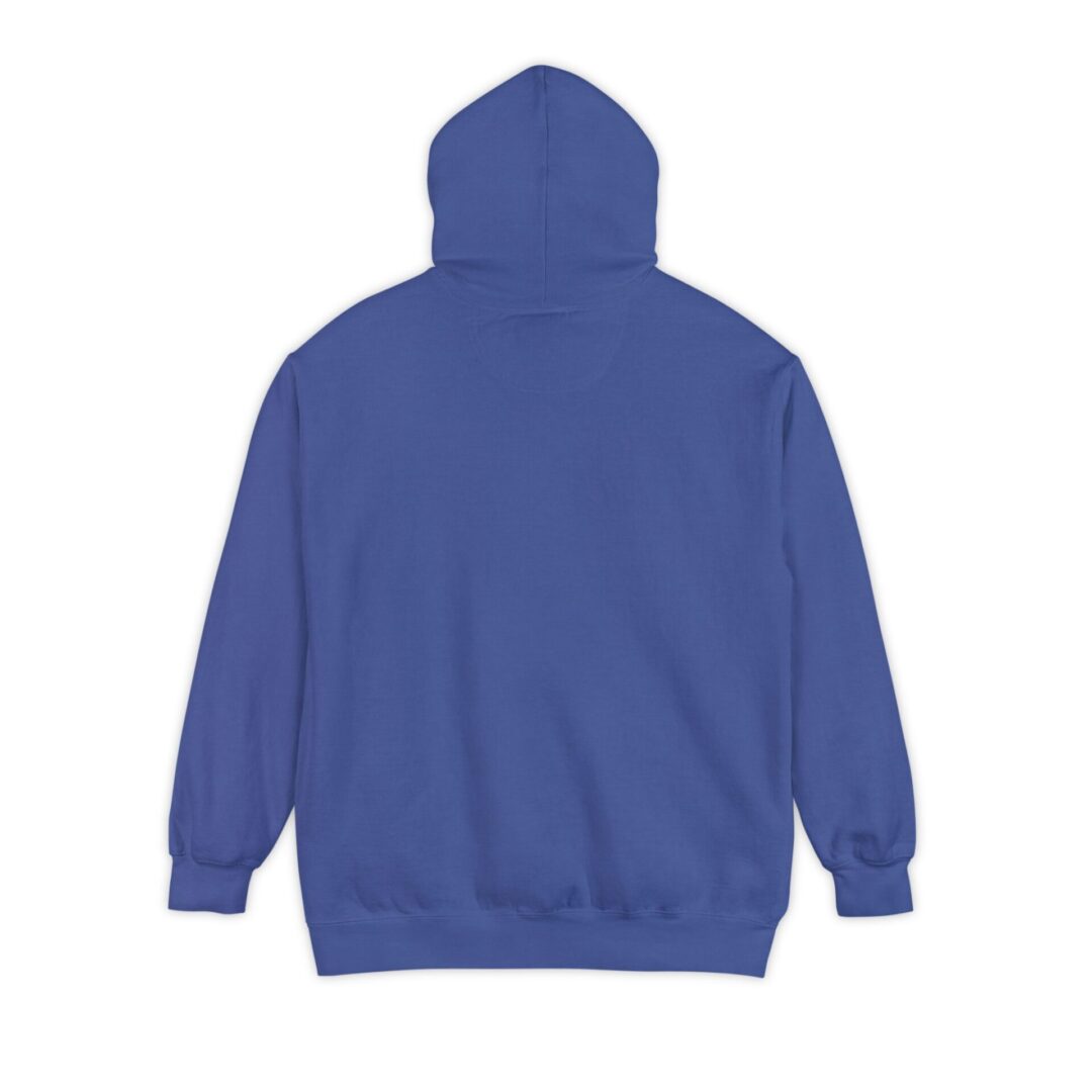 Blue hoodie back view with hood up.