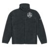 Black jacket with white geometric logo design.