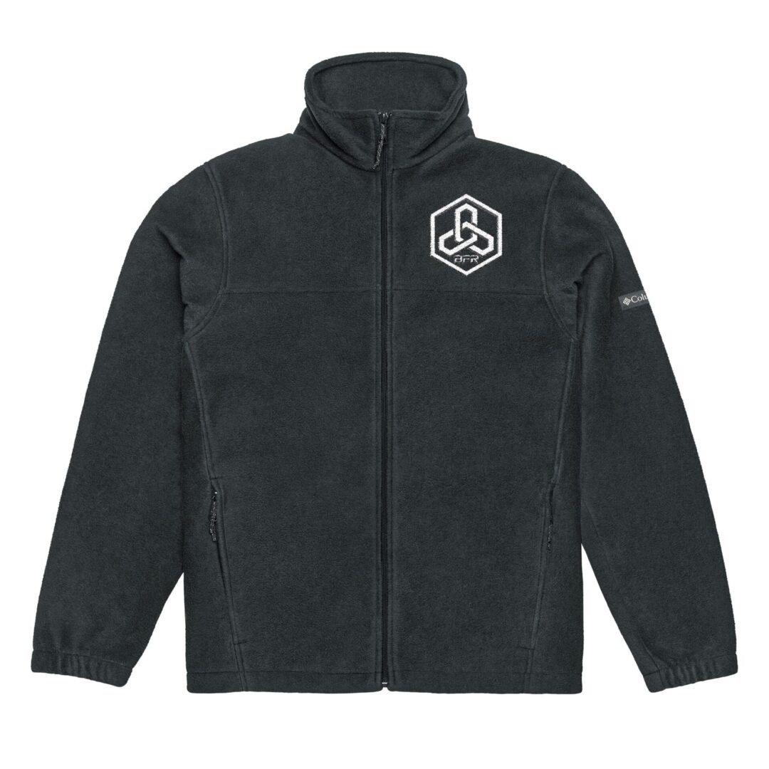 Black jacket with white geometric logo design.