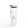 White travel mug with lid and straw.