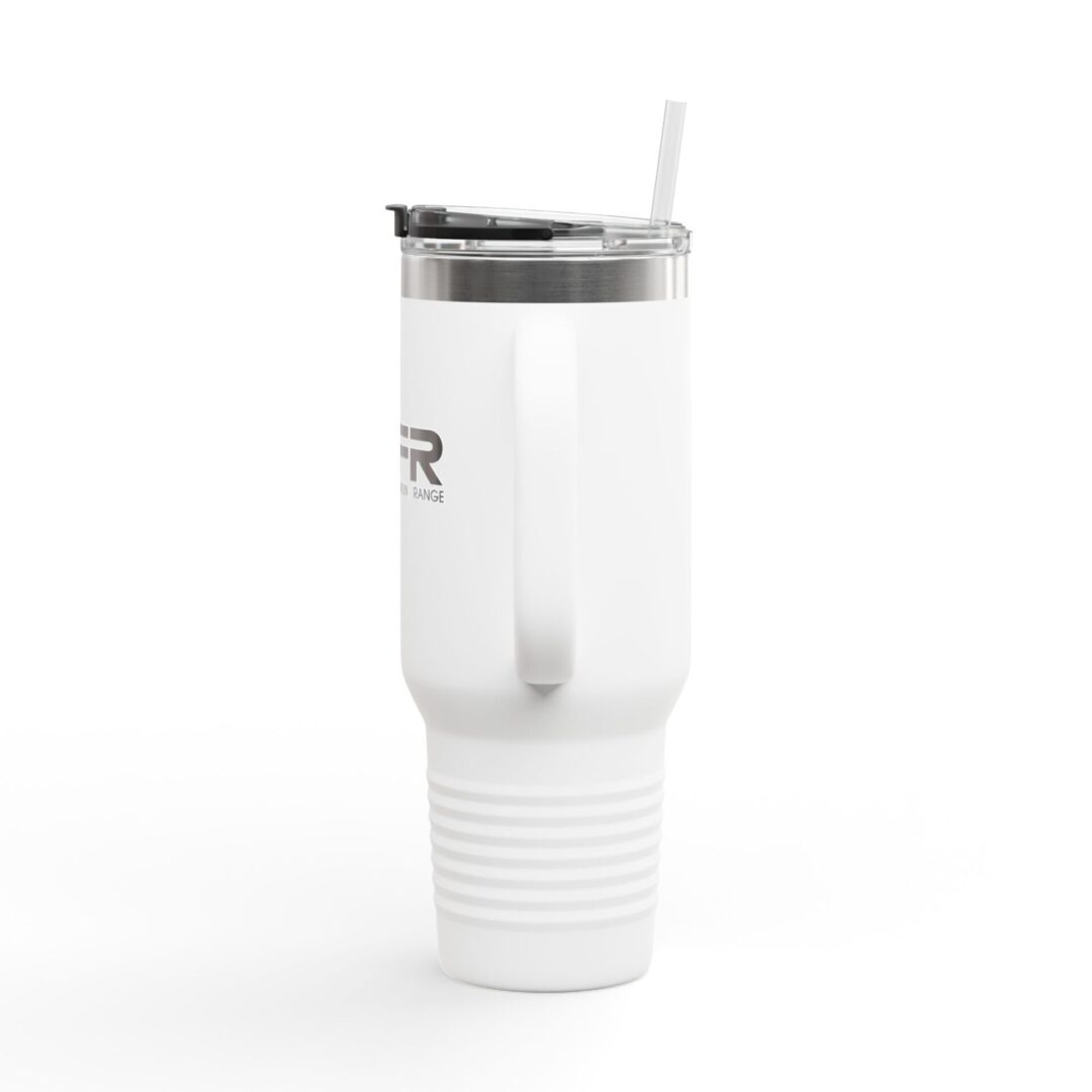 White travel mug with lid and straw.