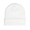 White knit beanie on plain background.
