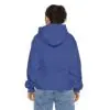 Child in blue hoodie and jeans, back view.