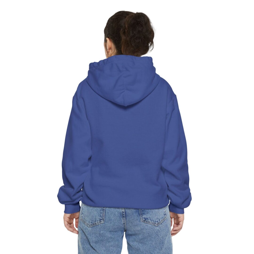 Child in blue hoodie and jeans, back view.