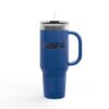 Blue travel mug with handle and straw.