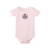 Pink baby onesie with geometric logo design.
