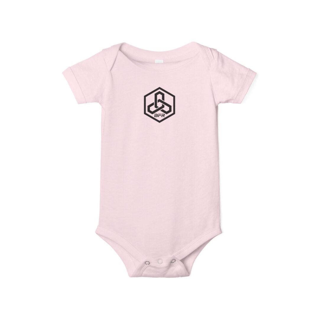 Pink baby onesie with geometric logo design.